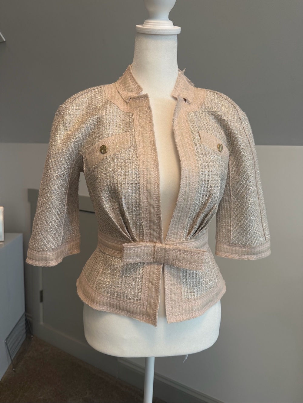 Louis Vuitton Tweed Metallic Belted Peplum Jacket Coat Blush Beige French 34 XS